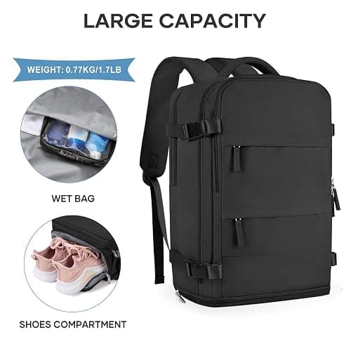coowoz Large Travel Backpack For Women Men,Carry On Backpack Flight Approved,Hiking Backpack Waterproof Outdoor Sports Rucksack Casual Daypack Fit 15.6 Inch Laptop Shoes Compartment (Black) thumbnail 4