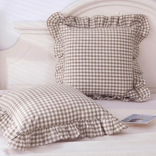 Mywinlle Taupe Plaid Ruffle Decorative Throw Pillow Covers for Couch 20"x20",2 Pack Vintage Checkered Washed Cotton Pillowcases for Bed, Sofa, Living Room thumbnail 2