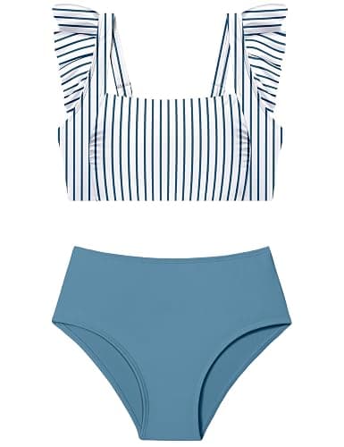 ZAANTI Girls 2 Piece Swimsuit Square Neck Ruched Ruffle Trim Bikini Sets Adjustable Straps Bathing Suit for Teen Girls 9-16Y - Image 1