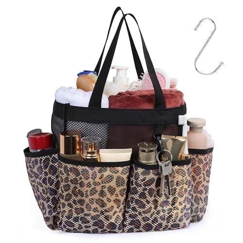 F-color Mesh Shower Caddy Portable - Shower Bag for College Dorm, Leopard | Quick Dry, with S Hook, College Dorm Room Essentials for Camp, Gym, Travel, Freshmen, Camping, Bathroom, Shower Tote - Image 1