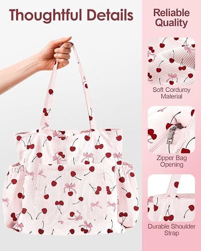 Miss Adola Large Corduroy Tote Bag for Women - Cute Shoulder Reusable Bags with Zipper Multi-Pocket for School thumbnail 6