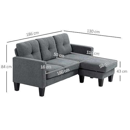 HOMCOM Ecksofa mit Umkehrbarer Chaiselongue Leinenoptik Dunkelgrau | Eck-Couch, Sofa in L-Form, Gepolstert, mit Federkern, Stahlrahmen, 186 x 130 x 84 cm thumbnail 3