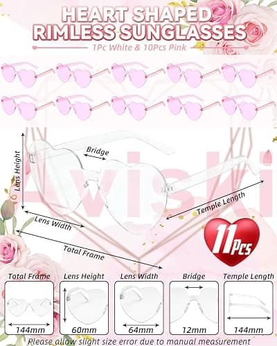 11 Pairs Hen Heart Shaped Glasses Rimless Frameless Sunglasses Transparent Tinted Eyewear, 1 Bride + 10 Team Bride Glasses Bachelorette/Wedding Party Bridal Shower Party Favours Photo Booth Props thumbnail 2
