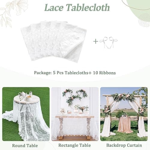B-COOL White Lace Tablecloth 5 Pack 60 x 120 Inch Wedding Table Cloth Rustic Table Overlay Sheer Table Cloths for Vintage Party Thanksgiving Floral Fall Table Decoration thumbnail 5