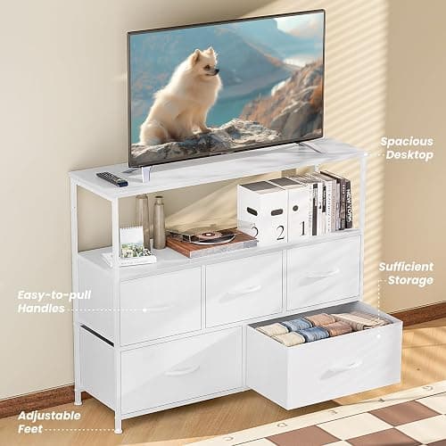 DUMOS TV Stand Dresser with 5 Fabric Storage Drawers, Media Console Featuring Open Shelf for 45 inch TV, Compact Entertainment Unit for Bedroom, Living Space, or Dorm Organization, White thumbnail 7