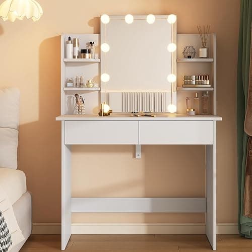 Cemoxul White Vanity Desk with Mirror and Adjustable Hollywood Lights, Makeup Vanity Desk with Lights 3 Color Modes, 2 Drawers & 4 Storage Shelves, Compact Dressing Table for Small Space - Image 1