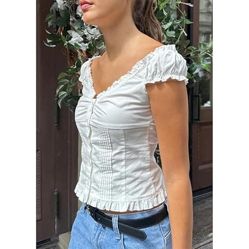 Women's Summer Button Down Crop Tops Cap Sleeve Y2k Slim Fitted Shirts Babydoll Coquette Tops Blouse thumbnail 3
