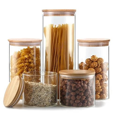 YUNCANG Glass Storage Jars [Set of 5],Clear Glass Food Storage Containers with Airtight Bamboo Lid Stackable Kitchen Canisters for Candy,Cookie,Rice,Sugar,Flour,Pasta,Nuts and Spice Jars - Circular - Image 1