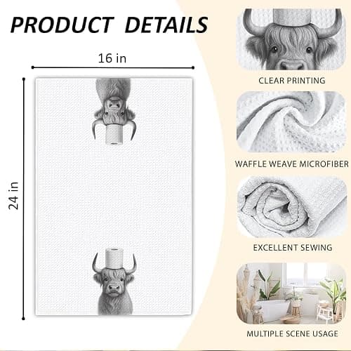 Threegoat Funny Cute Highland Cow Hand Towels for Bathroom,1 PCS Cow Decor Farmhouse Kitchen Towels,Animal Decorative Towels for Western Country,pet Gifts for Women, Pet Owners Housewarming - B02 thumbnail 3