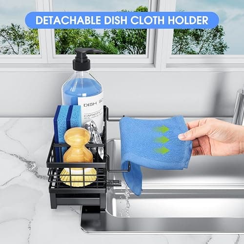 DYFVREN Kitchen Sink Sponge Holder, Rustproof Non-Slip Self-Draining Metal Sink Caddy with Detachable Dish Cloth Holder (Black) thumbnail 6