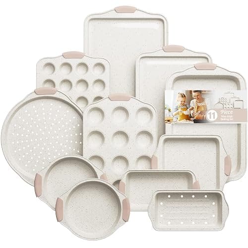 10-Piece Baking Pans Set Nonstick, Stackable Bakeware, Toxin-Free Baking Pans Set with Silicone Handles, Includes Cookie Sheets, Cake Pan, Loaf Pan, Pizza Pan, Muffin Pan, White&Khaki - Image 1
