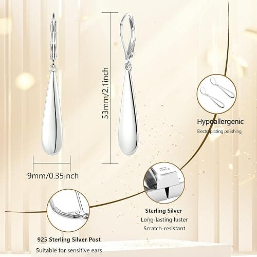 925 Sterling Silver Long Teardrop Dangle Earrings for Women Hypoallergenic Drop Leverback Earrings Trendy Silver Long Teardrop Dangle Earings for Jewelry Gifts thumbnail 4