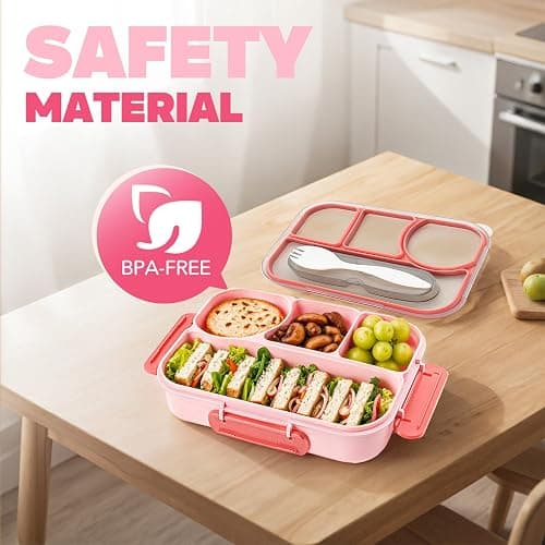 EASYFUN Bento Box Adult, Lunch Box, 4-Compartment Lunch Containers, Drop-Proof, Dishwasher Safe & Made with BPA-Free Materials (Pink) thumbnail 4