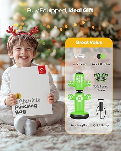QPAU 360° Rotatable Punching Bag for Kids, Lager 64” Kids Punching Bag with Gloves, Hand Pump & 6 Targets, Bop Bag Inflatable Punching Toy, Karate Gifts for Boys, Girls thumbnail 5