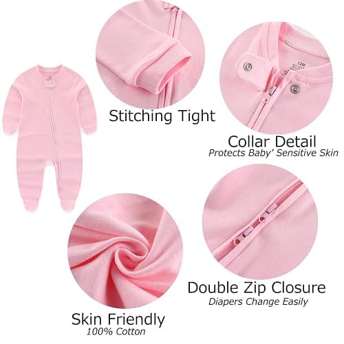 MAMIMAKA Newborn Baby Boy Girls Clothes 2-Way Zip Footed Cotton Bodysuit 3-Pack Long Sleeve Outfits 0-12Months Baby Pajamas - 9-12 Months - Stars + Solid Color + Stripes Pink thumbnail 4