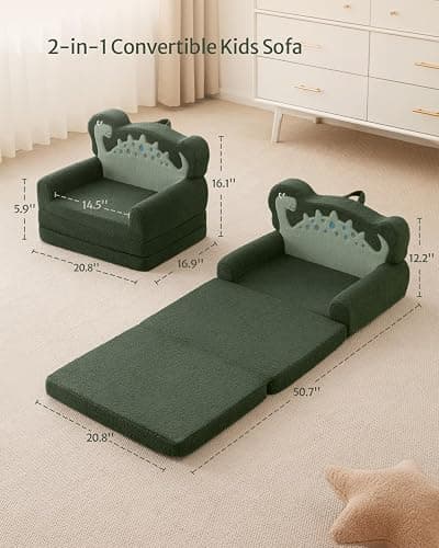 Blissful Diary Kids Couch, 2-in-1 Soft Toddler Couch Fold Out, Toddler Chair Comfy, Convertible Sofa to Lounger, Kids Furniture for Playroom, Gift for Birthday, Children's Day, Green Dinosaur thumbnail 3