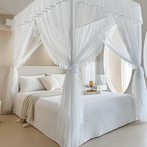 AIKASY 4 Corners Post Ruffle Princess Bed Canopy Curtain - Double Layer Cozy Drape Netting with 4 Openings - Elegant Mosquito Net for Girls and Adults Bedroom Decoration (White, Queen) thumbnail 3