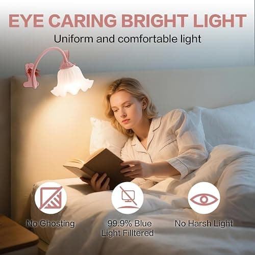 Clip On Light and Flower Bedside Table Lamp, Flexible Gooseneck Reading Book Light with 3 Color Modes, Night Light for Kids Nursery, Clip on for Desk, Bed Headboard, Dorm (Pink) thumbnail 3