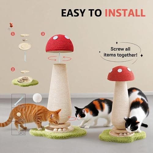 WLHYHHCute Mushroom Shaped Cat Scratching Post - Cat Toy with Ball Lane and Spring-Loaded Pom Poms - 21.25 Inch Tall Sisal Cat Scratching Post for Indoor Cats thumbnail 6
