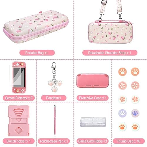 FIWWAT Switch Lite Case Carrying Case- 19 in 1 for Nintendo Switch Accessories Bundle with Switch Thumb Grips, Clear Protective, Screen Protector Cover, Cute Pendant, Stand, Stylus, for Girls, Pink thumbnail 2