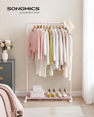 SONGMICS Clothes Rack with Wheels, Clothing Rack for Hanging Clothes, 25.4mm Metal Garment Rack with Dense Mesh Storage Shelf, 110 lb Load Capacity, 2 Brakes, Pink UHSR025P01 thumbnail 2
