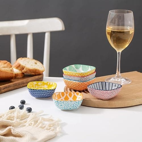 Selamica Ceramic 2.6 OZ Square Dipping Bowl Set, Soy Sauce Dish 3 inch Small Bowls for Ketchup Condiments Side Dish BBQ, Ramekins Oven safe, Stackable, Set of 6, Assorted Colors thumbnail 7