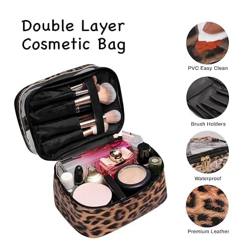 imerelez Double-layer Cosmetic Bag Makeup Bag Travel Makeup Bag Makeup Bags for Women Cosmetics Cases Portable Waterproof Foldable (Leopard) thumbnail 4