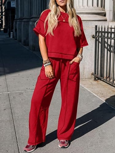 Fisoew Womens 2 Piece Outfits Lounge Sets Short Sleeve Tops and Wide Leg Pants Travel Vacation Casual Matching Sets thumbnail 5