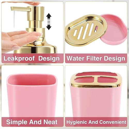 XLHOMO Pink Bathroom Accessories Set 8 Piece Pink and Gold Bathroom Set, Bathroom Sets with Stainless Steel Trash Can,Toilet Brush,Toothbrush Set,Soap Dispenser thumbnail 3