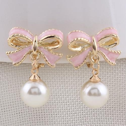 GRACE JUN Pink Bowknot Shape Clip on Earrings Without Piercing for Women Pearl Drop Earrings(Pink Bowknot Clip-ons) thumbnail 2
