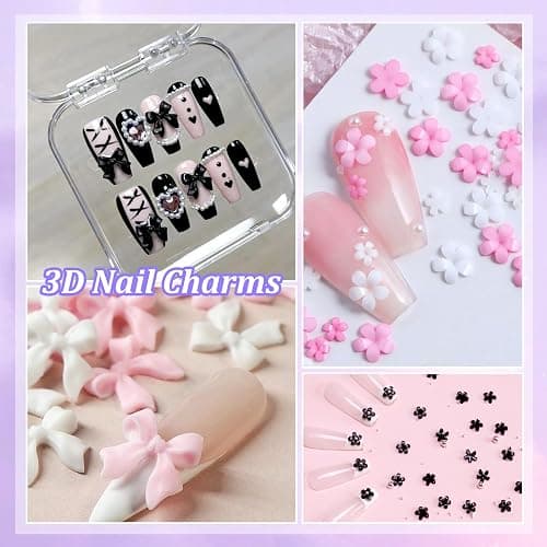 3D Bow Nail Charms and Gems, Pink Black Bows Flower Nail Art Charms Alloy Bows for Nails, Mixed Nail Gems Rhinestones Bowknots Caviar Beads Charms for Nails DIY Nail Art Accessories thumbnail 6