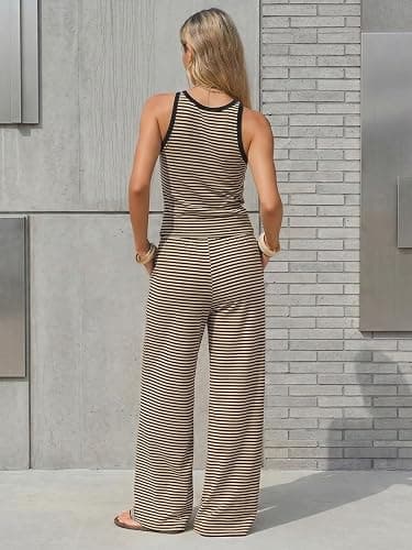 EXLURA Womens Cotton Summer 2 Piece Outfits Striped Halter Tops Matching Wide Leg Pant Sets Lounge Tracksuits Vacation Travel thumbnail 5