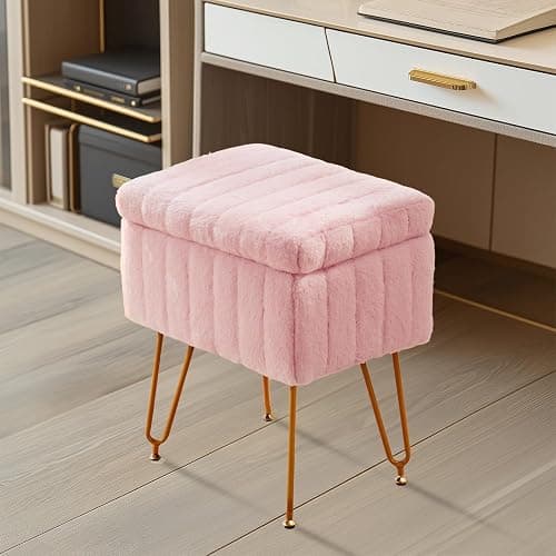 Sweetcrispy Vanity Stool Chair with Storage, 18.9”H x 16”L x 12.2”W Ottoman Chair Faux Fur Soft Padded Makeup Footstools Seat with 4 Metal Legs Anti-Slip Adjustable Feet for Make Up, Pastel-Pink thumbnail 7