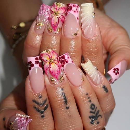 Jremg Flower Press on Nails Medium Long Square Fake Nails with Starfish Pearl Designs French Tip Coffin False Nails Reusable Luxury 3D Floral Acrylic Nails for Women 24Pcs thumbnail 2