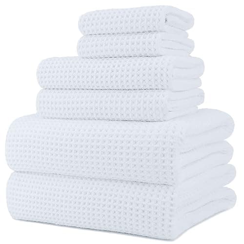 Polyte Oversize, 60 x 30 in., Quick Dry Lint Free Microfiber Bath Towel Set, 6 Piece (White, Waffle Weave) - White - Image 1