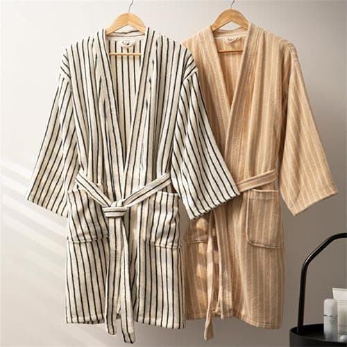 Striped Terry Cloth Robe for Women Men, Soft Cotton Towel Kimono Bathrobe with Pockets, Knee-Length Spa Hotel Loungewear thumbnail 6