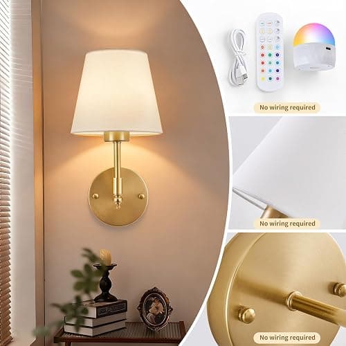Battery Operated Wall Sconce Set of 2, Rechargeable Wireless Wall Lights | with fabric Lampshade, 5200mAh Dimmable Bulb with Remote,15 Colors Wireless Wall Lamps for Bedroom Living Room Hallway Decor thumbnail 2