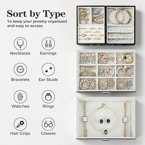 Dajasan Jewelry Organizer Box, Large Jewelry Boxes for Women Girls, Space-Saving 3 Layers Jewelry Storage Case with Drawer, Movable Metal Stand, Modern, Gift Idea (Black) thumbnail 4