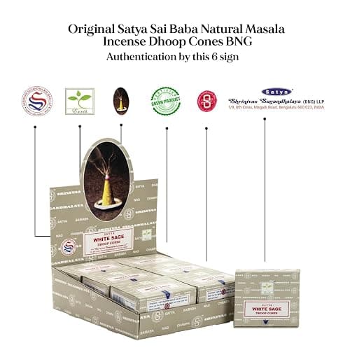 Satya Sai Baba White Sage Original Earth Marked Natural Masala Incense 144 Dhoop Cones in Pack of 12 Boxes | Best for Prayer, Meditation and Relaxation thumbnail 3