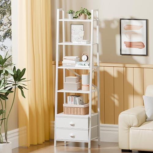 Furologee 5-Tier Ladder Shelf with 2 Drawers,Narrow Bookshelf Storage Shelves,Industrial Bookcase Freestanding Rack Units for Bedroom,Living Room,Bathroom,Home Office,Balcony,Wood Metal, White thumbnail 2