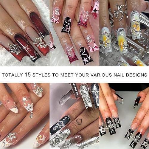 120+ Pcs Star Nail Charms Inlaid Rhinestones Gems, Silver Star Planet Cross Nail Art Decorations Shiny Jewelry for Acrylic Nail Accessories for Women Girl Manicure DlY Crafts Supplies thumbnail 4