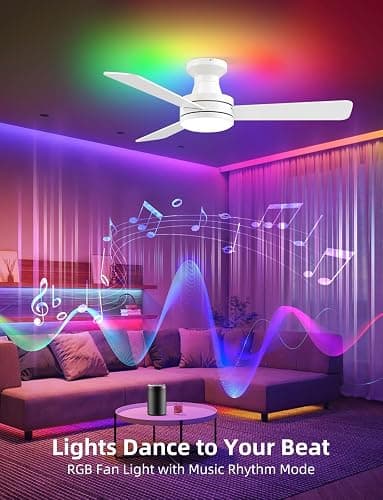 Homlit 42 inch RGB Ceiling Fan with Light, Smart App & Remote Control Low Profile Flush Mount, Music Sync Lighting, 6-Speed Quiet Reversible DC Motor, 4CCT Dimmable for Home Office Party,White thumbnail 5