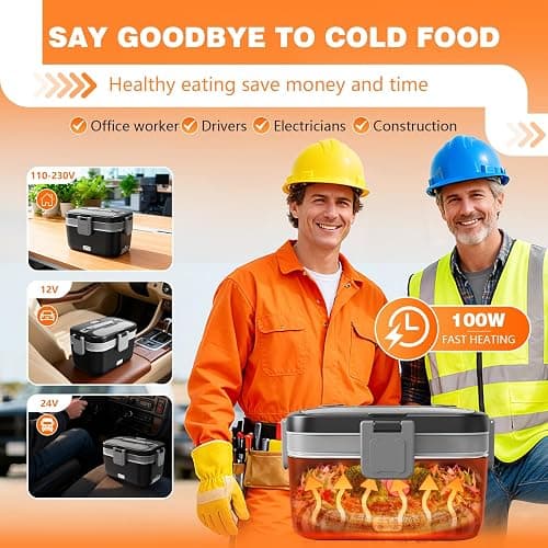 Electric Lunch Box for Adults, 2.8L Double Layer 100W Fast Heated Lunch Box, Heating Food Heater Warmer for Home Office Car Truck Use, Extra Large Lonchera Electrica Portátil 12/24V/110-230V, Black thumbnail 3