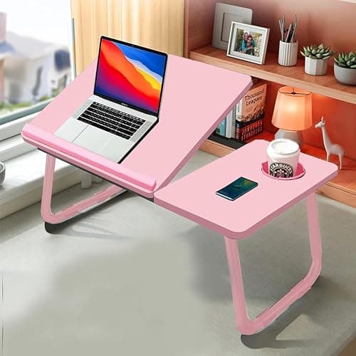 KKTECH Laptop Tray with Adjustable Angle, Space-Saving Bed Table with Foldable Legs, Cup Slot, Book Holder, Reading Stand, Versatile Laptop Table for Bed Use (PINK) thumbnail 2