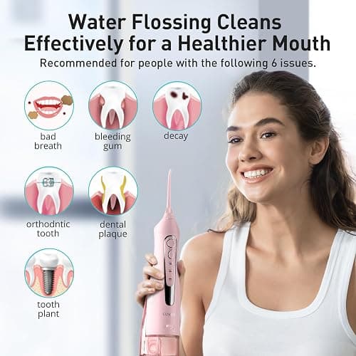COSLUS Water Dental Flosser Teeth Pick: Portable Cordless Oral Irrigator 300ML Rechargeable Travel Irrigation Cleaner IPX7 Waterproof Electric Flossing Machine for Teeth Cleaning C20(F5020E) Pink thumbnail 7
