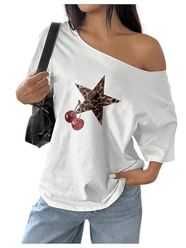 RoseSeek Women's Oversized Off Shoulder Graphic Tees Short Sleeve Bow Letter Print T Shirts Y2K Tops - Image 1