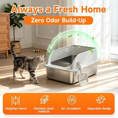 OneBug Stainless Steel High Sides Cat Litter Box with Scoop, Open Top Litter Pan for Indoor Cats, Easy to Clean, Reduced Litter Scatter, Medium thumbnail 3