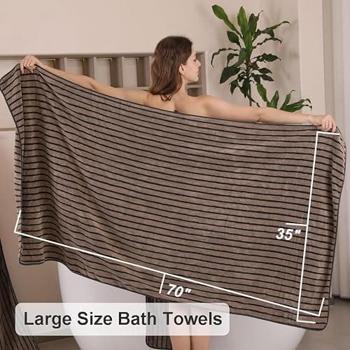 8 Pcs Polyester Brown Cabana Stripe Large Bath Towel Set-2 Bathroom Towels,2 Hand Towels,4 Washcloths Lightweight 600GMS Bath Sheet Absorbent Shower Towel Quick Dry Beach Chair Spa Gym Hotel Towels thumbnail 2