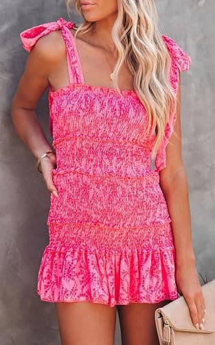 chouyatou Women's Summer Floral Spaghetti Strap Square Neck Ruffle Tie Mini Smocked Dress thumbnail 2