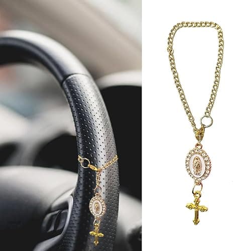 spansee Steering Wheel Rosary Charm Accessory, Catholic Rosary Hanging Pendant, Cross for Car, Steering Wheel Accessory with Virgin Mary Charm and Crucifix, Christian Gifts (Gold) - Image 1